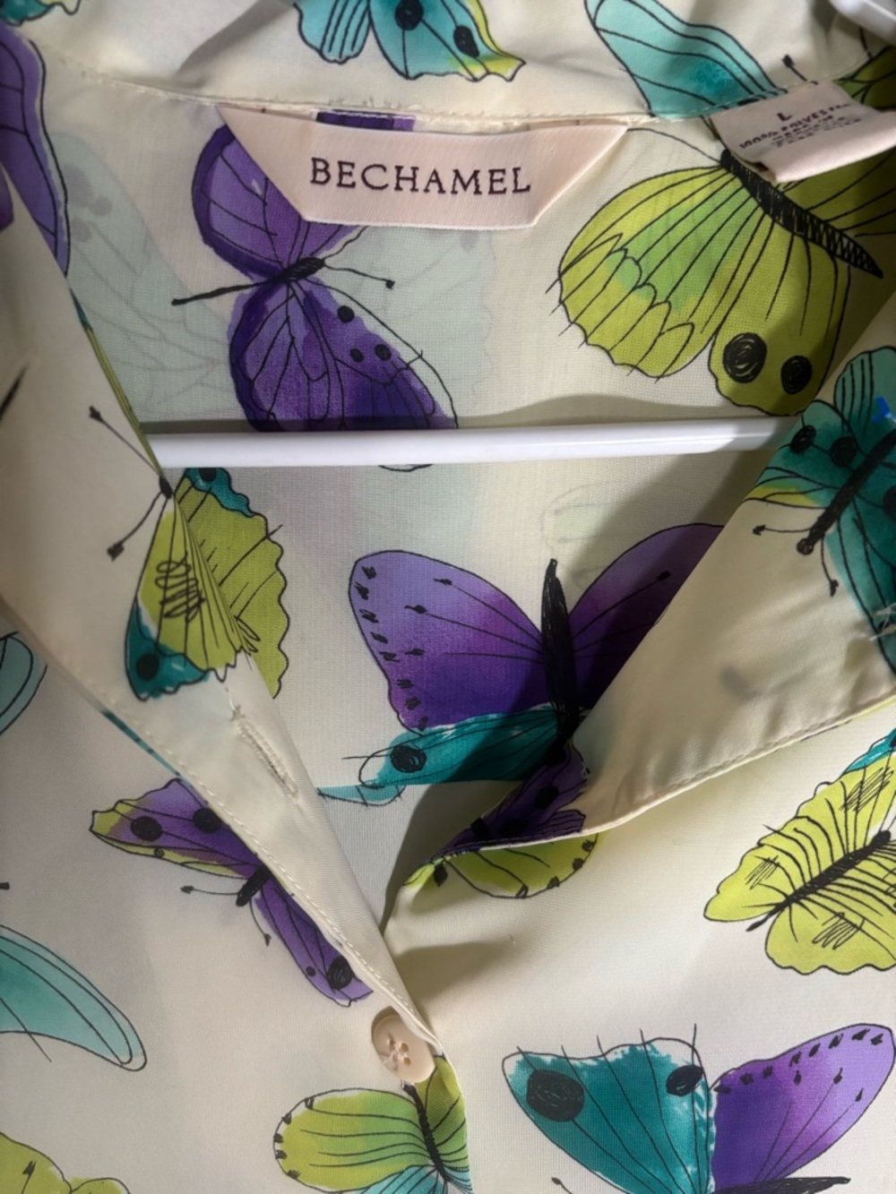 Bechamel Cream Shirt with Purple, Teal and Lime Butterfly Print